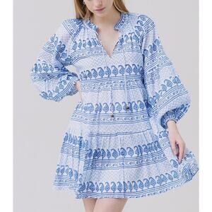 Oliphant Balloon Sleeve Short Dress Clover Blue Patterned 100% Cotton Women’s L